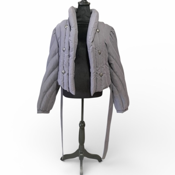 Free People Office Duvet Quilted Puffer Tie Waist Jacket, grey,cropped, NWT - Picture 4 of 10
